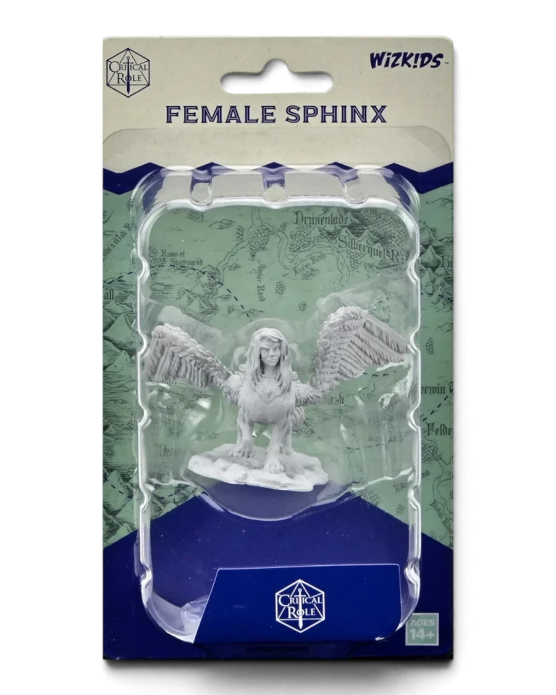 VaultifyUK Critical Role female Sphinx unpainted miniature in blister packaging with detailed sculpted wings
