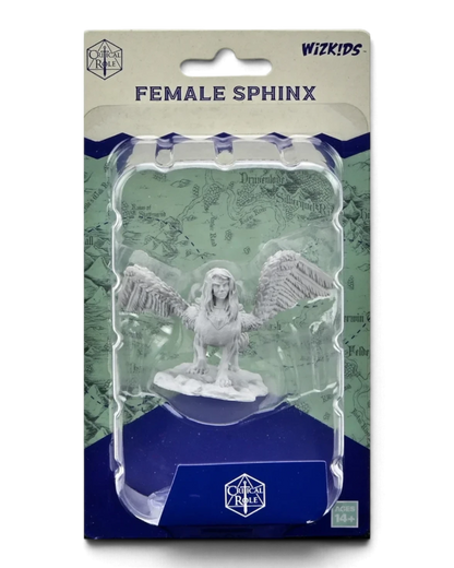 VaultifyUK Critical Role female Sphinx unpainted miniature in blister packaging with detailed sculpted wings