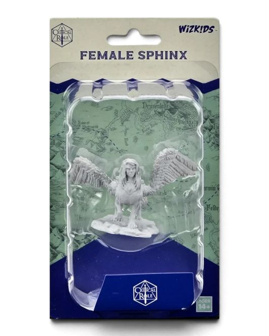 VaultifyUK Critical Role female Sphinx unpainted miniature in blister packaging with detailed sculpted wings
