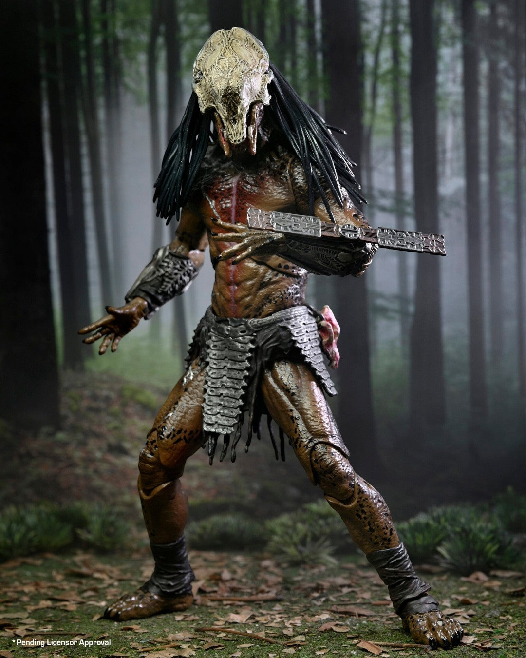 VaultifyUK NECA Prey Feral Predator 7-inch action figure with bone mask and detailed armour in a forest setting