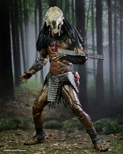 VaultifyUK NECA Prey Feral Predator 7-inch action figure with bone mask and detailed armour in a forest setting