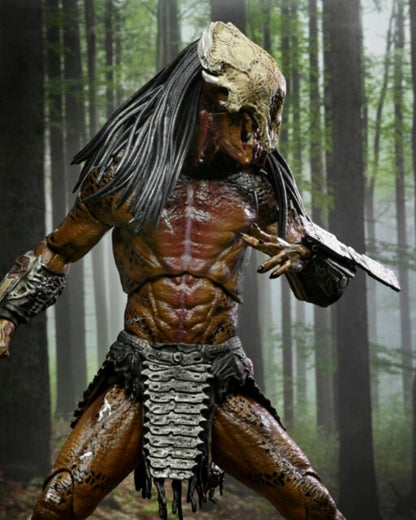 VaultifyUK NECA Prey Feral Predator 7-inch action figure with detailed bone mask and armour in a forest setting