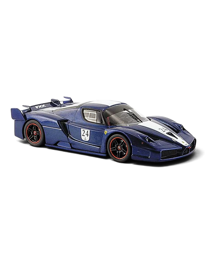 VaultifyUK Hot Wheels Elite 1:43 scale Ferrari FXX #24 diecast model car in blue and white livery.