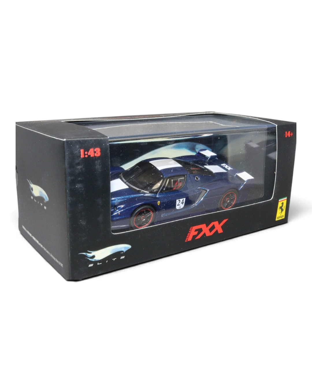 VaultifyUK Hot Wheels Elite 1:43 scale Ferrari FXX #24 diecast model car in blue and white livery inside display box.