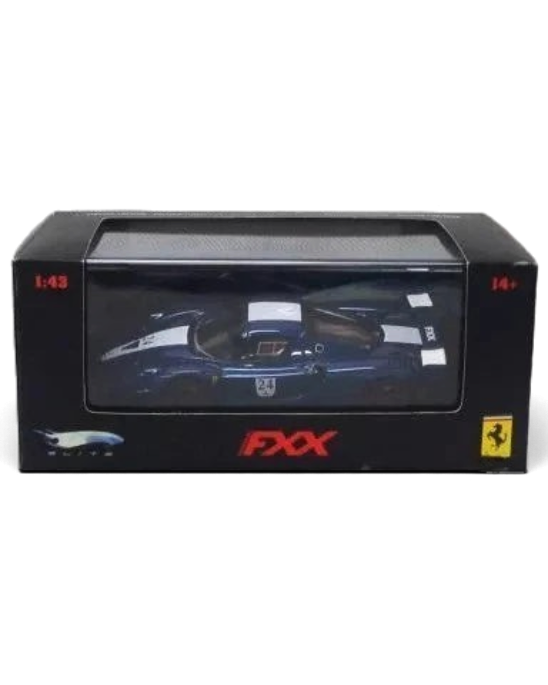 VaultifyUK Hot Wheels Elite 1:43 scale Ferrari FXX #24 diecast model car in blue and white livery in display box