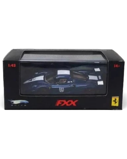 VaultifyUK Hot Wheels Elite 1:43 scale Ferrari FXX #24 diecast model car in blue and white livery in display box