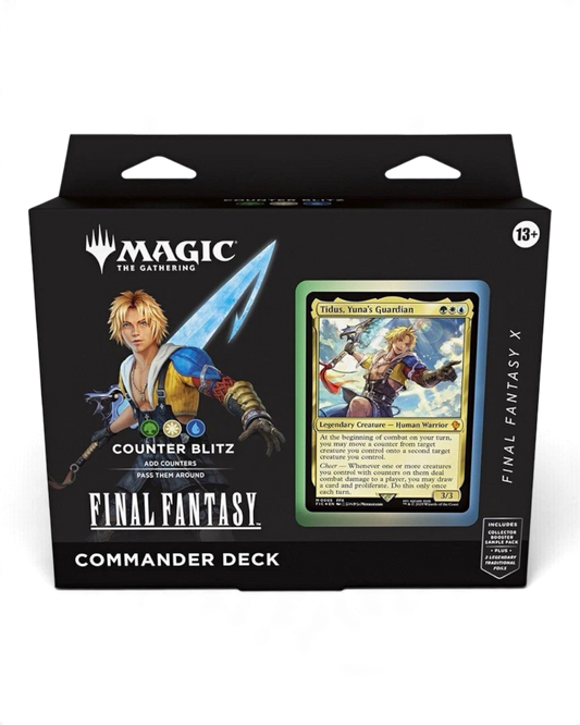 VaultifyUK Magic: The Gathering Final Fantasy X Counter Blitz Commander Deck featuring Tidus artwork on the box.