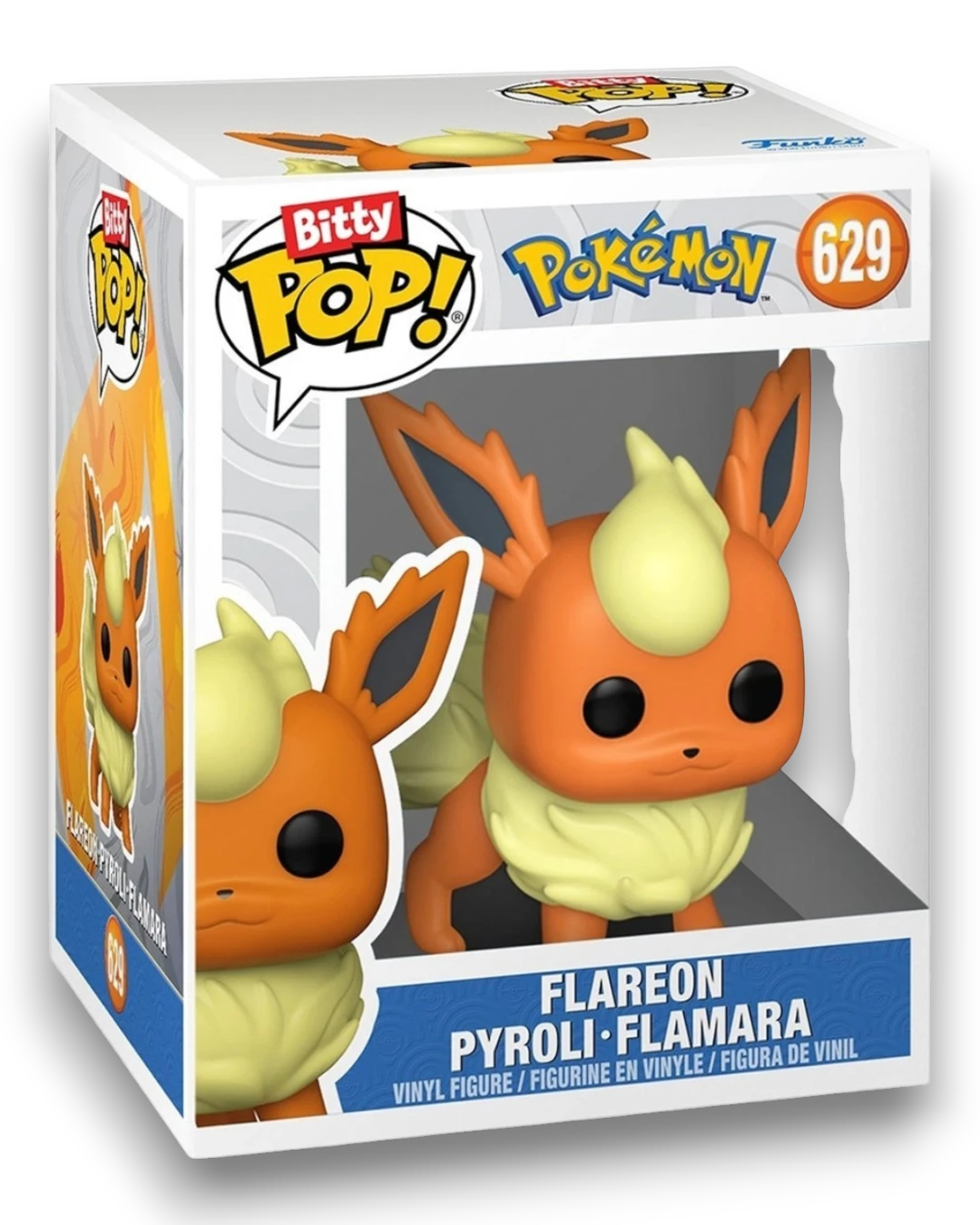 VaultifyUK Funko Bitty Pop! Flareon Pokémon vinyl figure in a clear display box with orange and cream details.