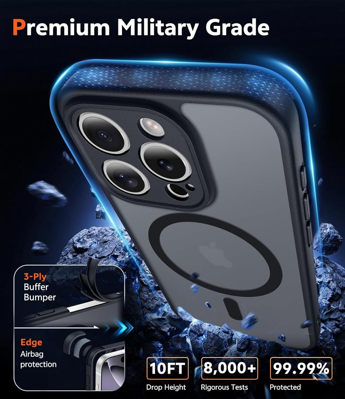 FNTCASE MagSafe case premium military grade infographic, 10ft drop height, 3-ply buffer bumper and edge airbag protection.