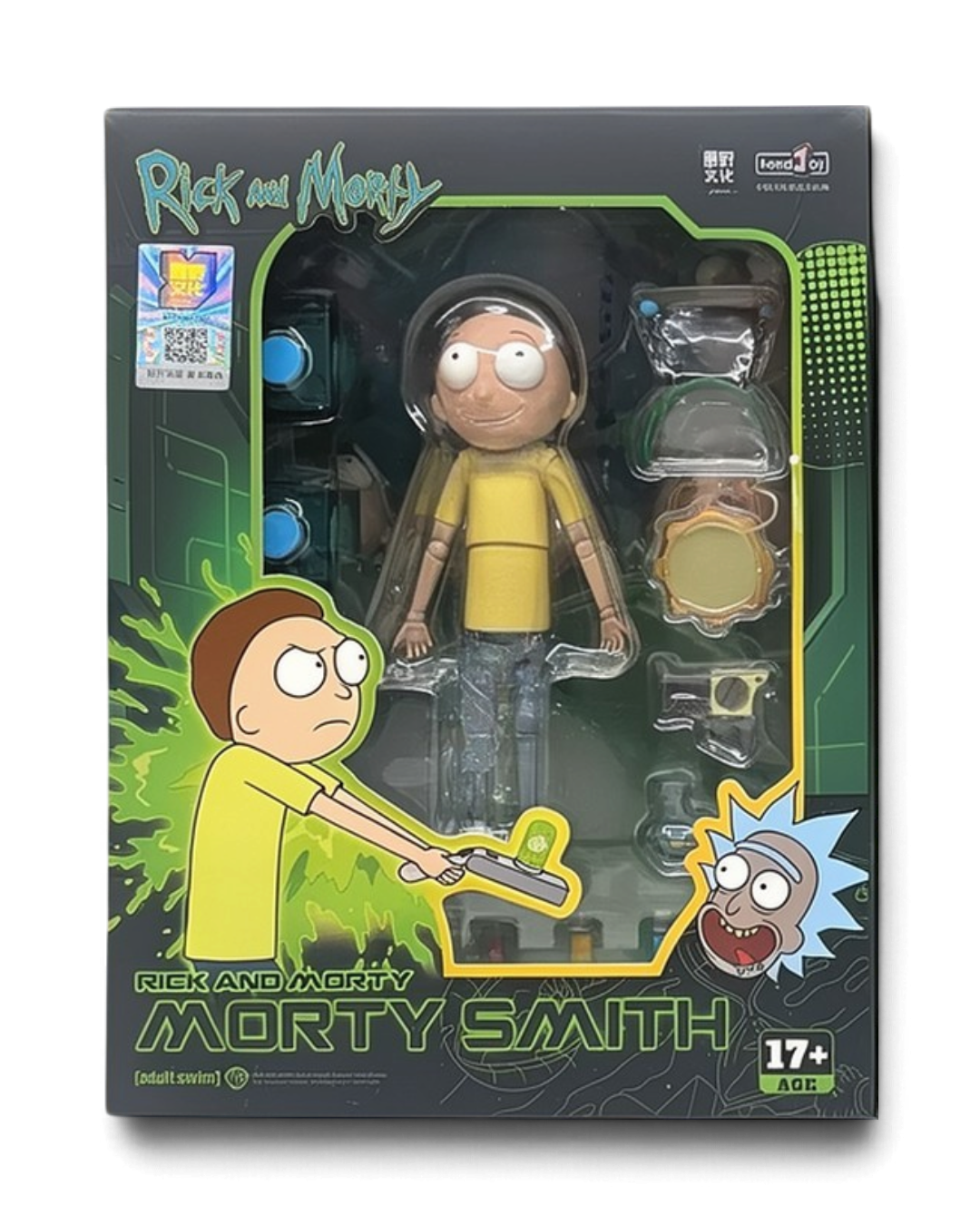 VaultifyUK FondJoy Morty Smith 1/12 scale action figure in window box with accessories including Mr. Meeseeks boxes.