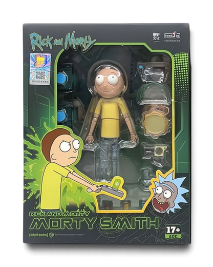 VaultifyUK FondJoy Morty Smith 1/12 scale action figure in window box with accessories including Mr. Meeseeks boxes.