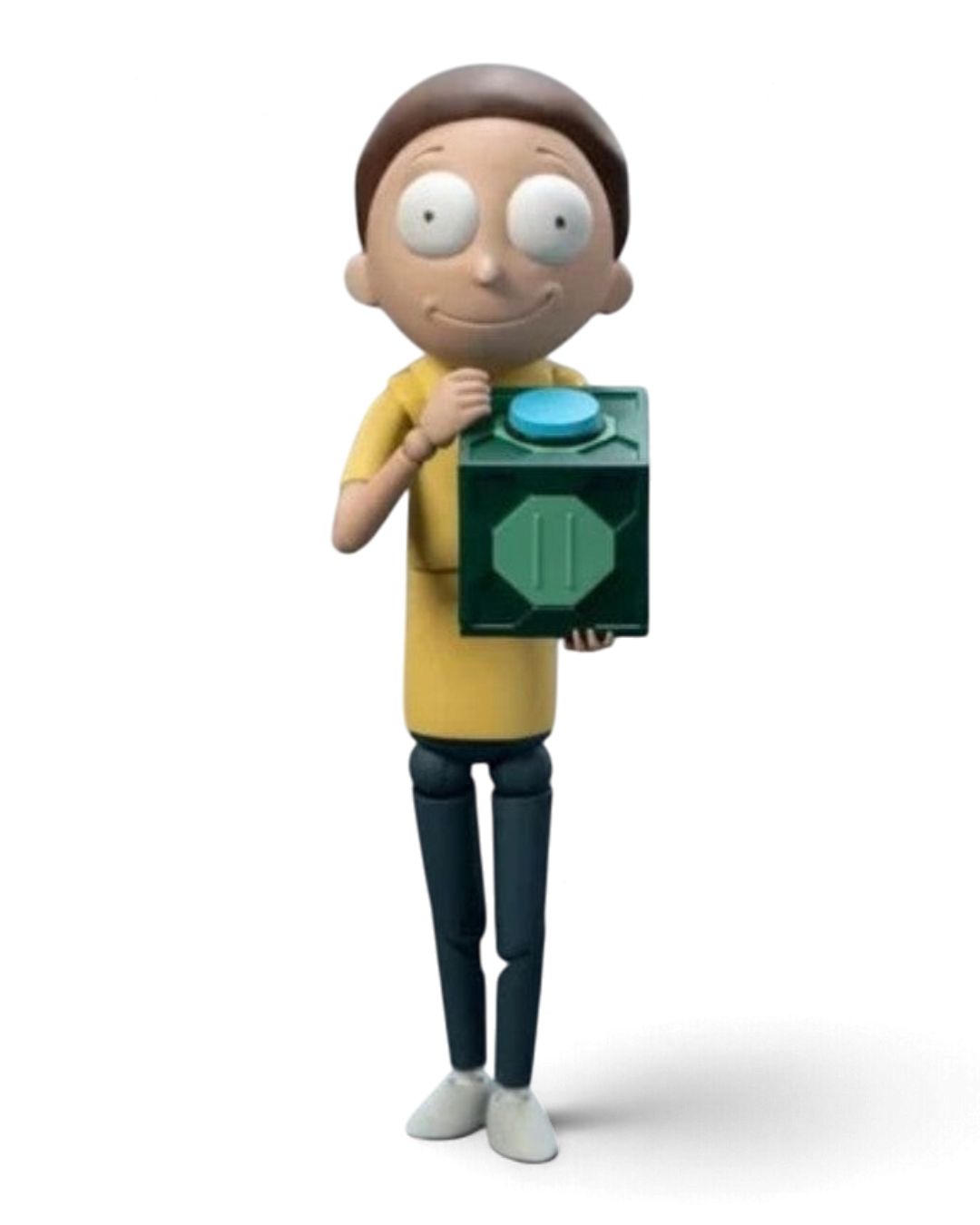 VaultifyUK FondJoy 1/12 scale Morty Smith action figure wearing a yellow shirt and holding a Mr. Meeseeks box.