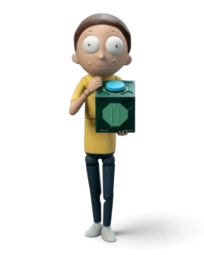 VaultifyUK FondJoy 1/12 scale Morty Smith action figure wearing a yellow shirt and holding a Mr. Meeseeks box.