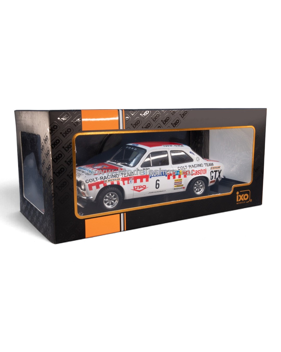 VaultifyUK 1:18 scale IXO Ford Escort Mk1 RS1600 rally car model in white with red racing livery and Castrol branding.