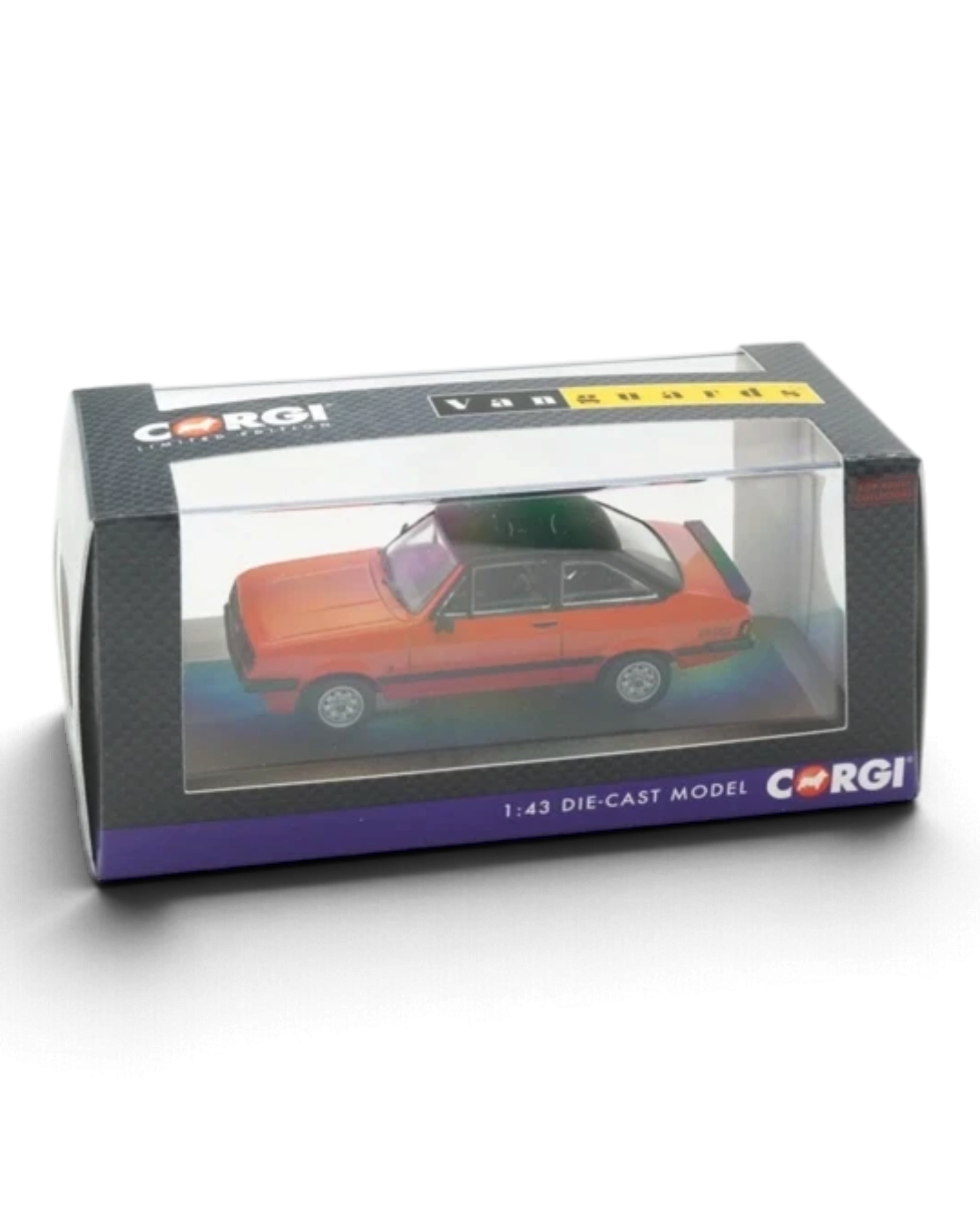 VaultifyUK Corgi Vanguards 1:43 scale Ford Escort Mk2 RS2000 die-cast model car in Carnival Red with black roof.