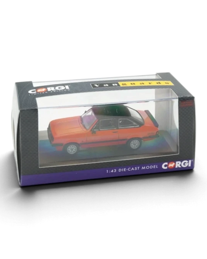 VaultifyUK Corgi Vanguards 1:43 scale Ford Escort Mk2 RS2000 die-cast model car in Carnival Red with black roof.