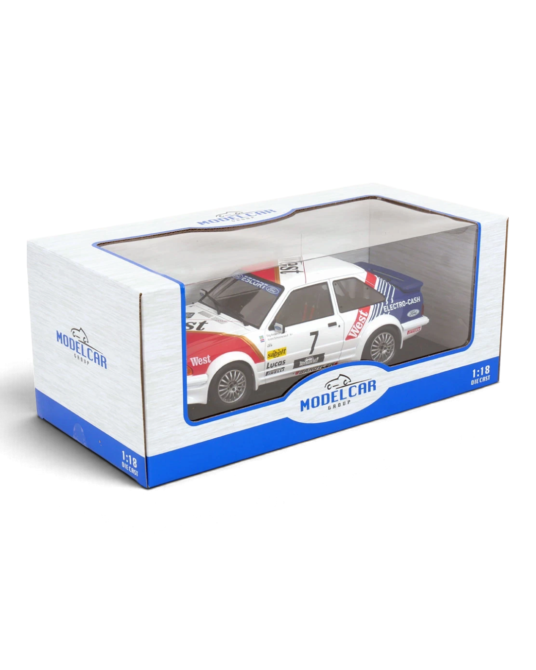 VaultifyUK 1:18 scale MCG Ford Escort Mk3 RS Turbo rally car model in West livery with orange and blue details