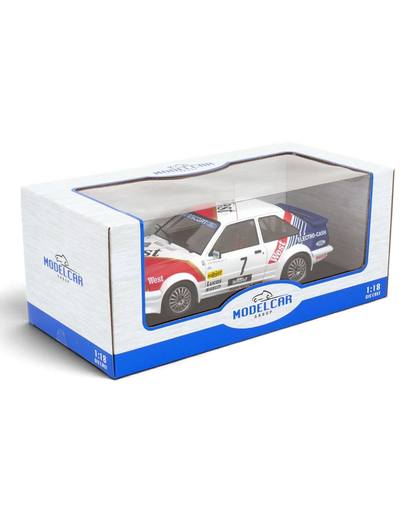 VaultifyUK 1:18 scale MCG Ford Escort Mk3 RS Turbo rally car model in West livery with orange and blue details