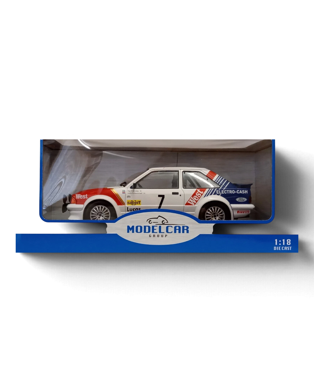 VaultifyUK 1:18 scale MCG Ford Escort Mk3 RS Turbo rally car model with West livery in a display box
