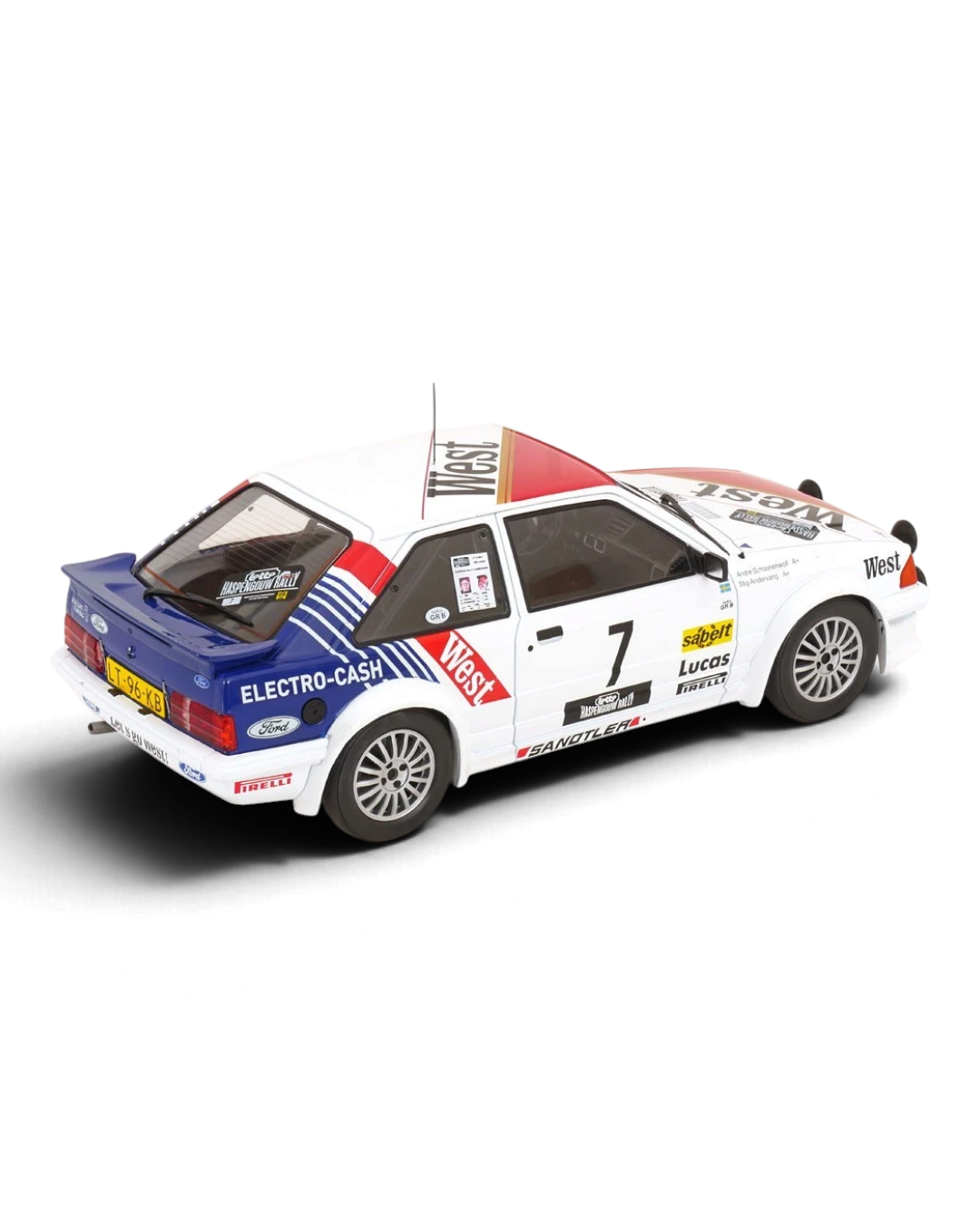 VaultifyUK 1:18 scale Ford Escort Mk3 RS Turbo rally car model with West livery from the 1985 Haspengouw Rally.
