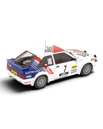 VaultifyUK 1:18 scale Ford Escort Mk3 RS Turbo rally car model with West livery from the 1985 Haspengouw Rally.