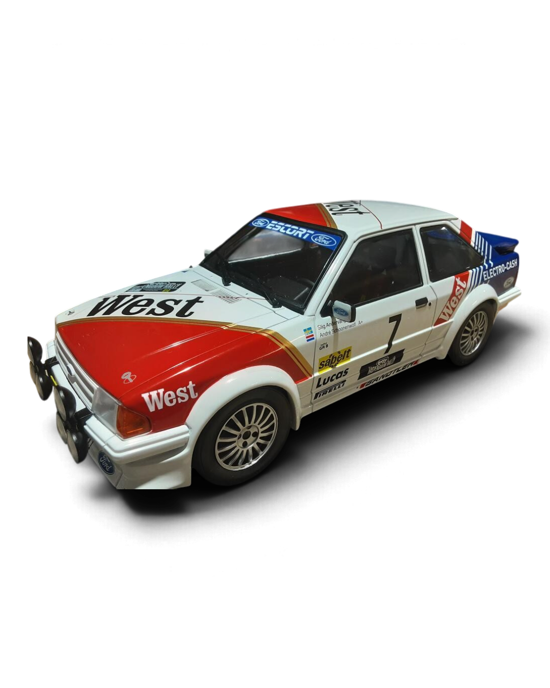 VaultifyUK 1:18 scale Ford Escort Mk3 RS Turbo rally car model with West livery from the 1985 Haspengouw Rally.