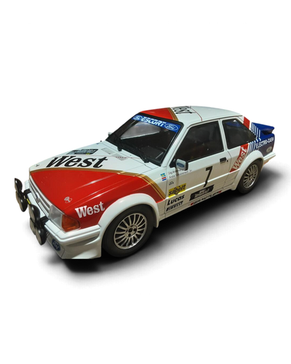 VaultifyUK 1:18 scale Ford Escort Mk3 RS Turbo rally car model with West livery from the 1985 Haspengouw Rally.