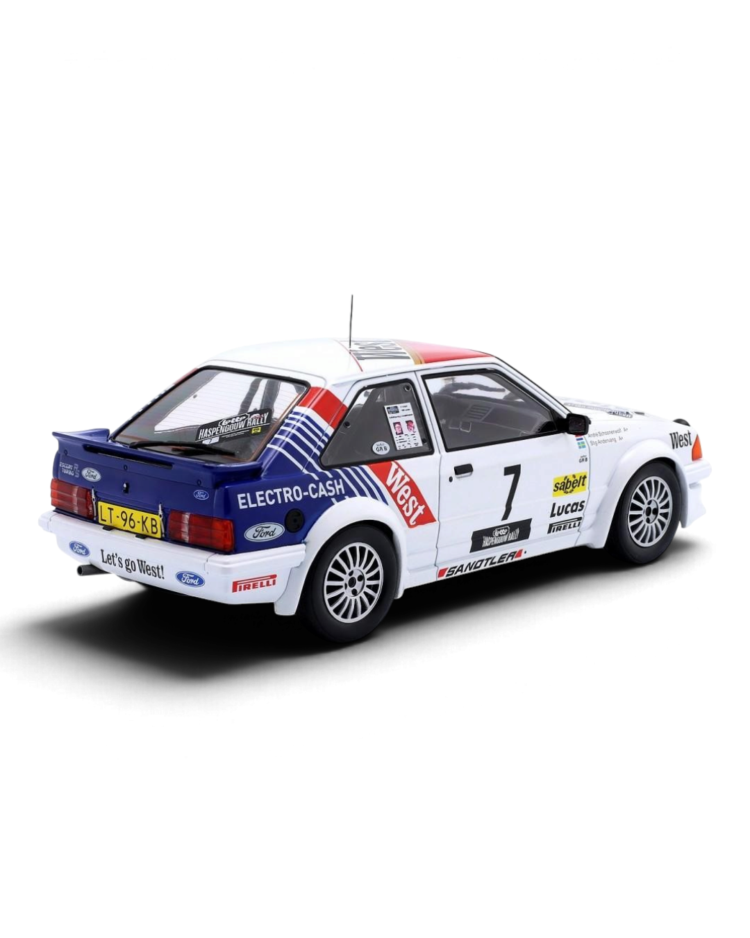 VaultifyUK 1:18 scale MCG Ford Escort Mk3 RS Turbo rally car model with West livery from the 1985 Haspengouw Rally.