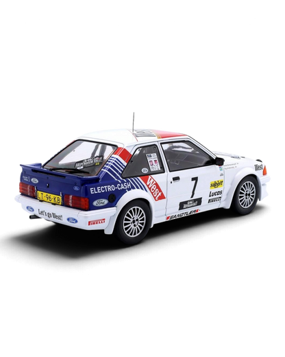 VaultifyUK 1:18 scale MCG Ford Escort Mk3 RS Turbo rally car model with West livery from the 1985 Haspengouw Rally.
