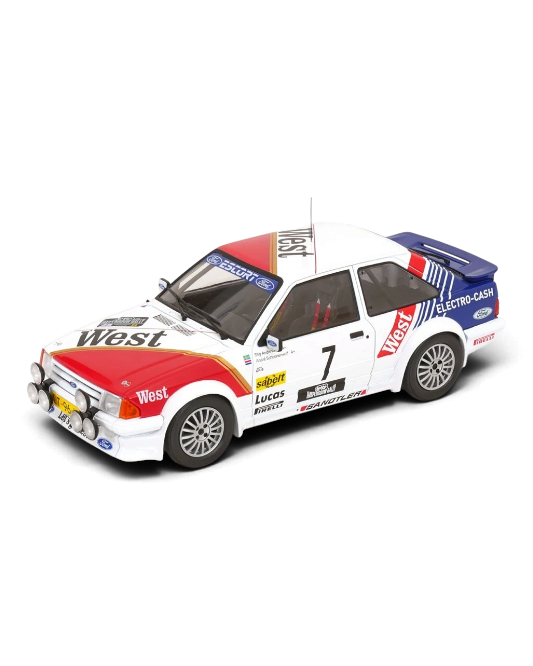 VaultifyUK 1:18 scale Ford Escort Mk3 RS Turbo rally car model with West livery from the 1985 Haspengouw Rally.