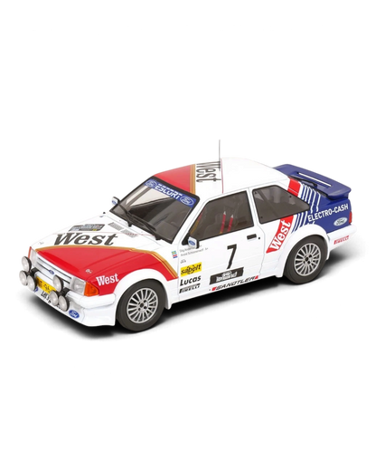 VaultifyUK 1:18 scale Ford Escort Mk3 RS Turbo rally car model with West livery from the 1985 Haspengouw Rally.