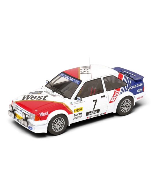 VaultifyUK 1:18 scale Ford Escort Mk3 RS Turbo rally car model with West livery from the 1985 Haspengouw Rally.