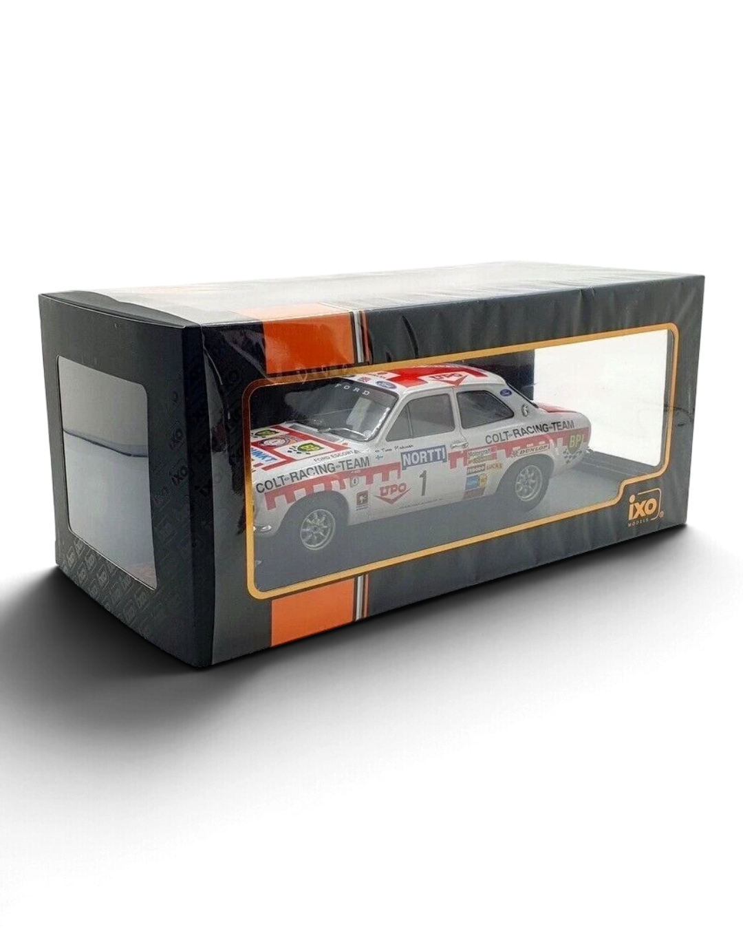 VaultifyUK 1:18 scale IXO Ford Escort Mk1 RS1600 rally car model in white with Colt Racing Team livery in display box