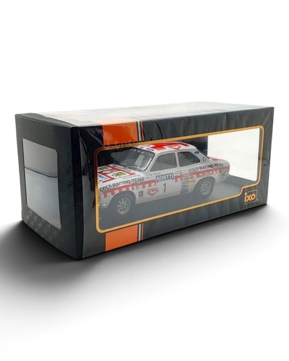 VaultifyUK 1:18 scale IXO Ford Escort Mk1 RS1600 rally car model in white with Colt Racing Team livery in display box