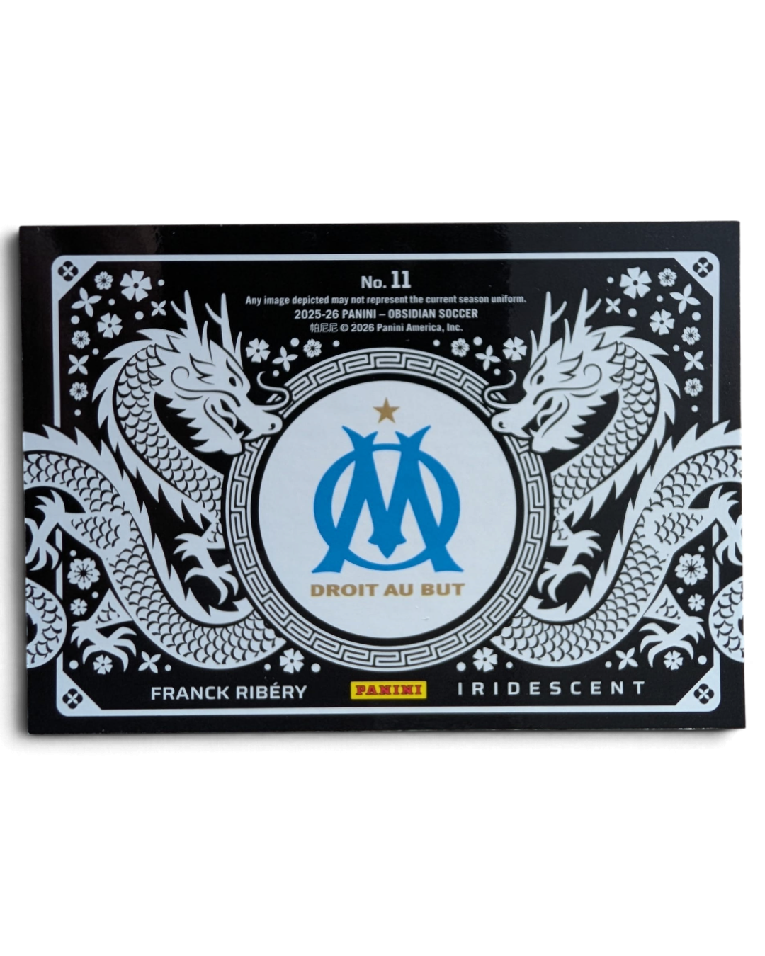 2025/26 Panini Obsidian Franck Ribéry Iridescent #11 card, back, with Olympique de Marseille crest
