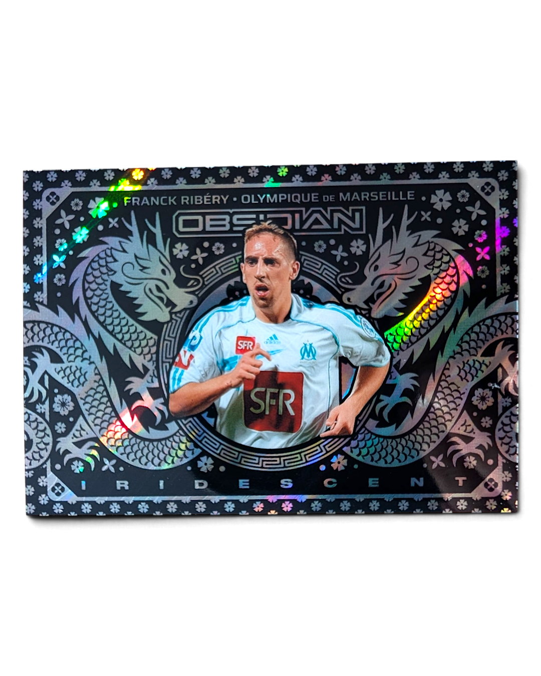 VaultifyUK 2025/26 Panini Obsidian Franck Ribéry Iridescent football card featuring a holographic dragon design