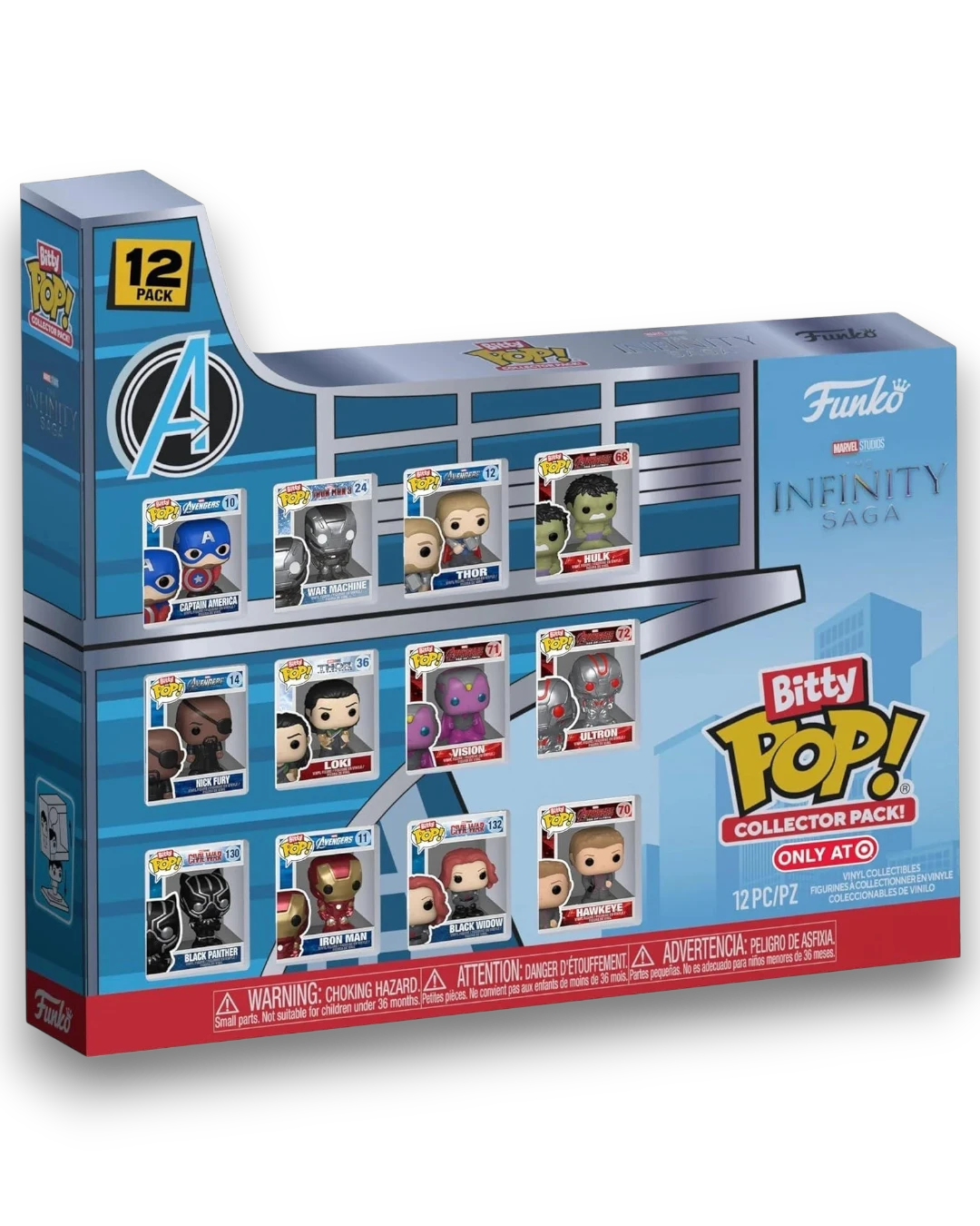 VaultifyUK Funko Bitty POP! Avengers Infinity Saga 12-pack featuring miniature Marvel vinyl figures in display cases