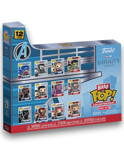 VaultifyUK Funko Bitty POP! Avengers Infinity Saga 12-pack featuring miniature Marvel vinyl figures in display cases