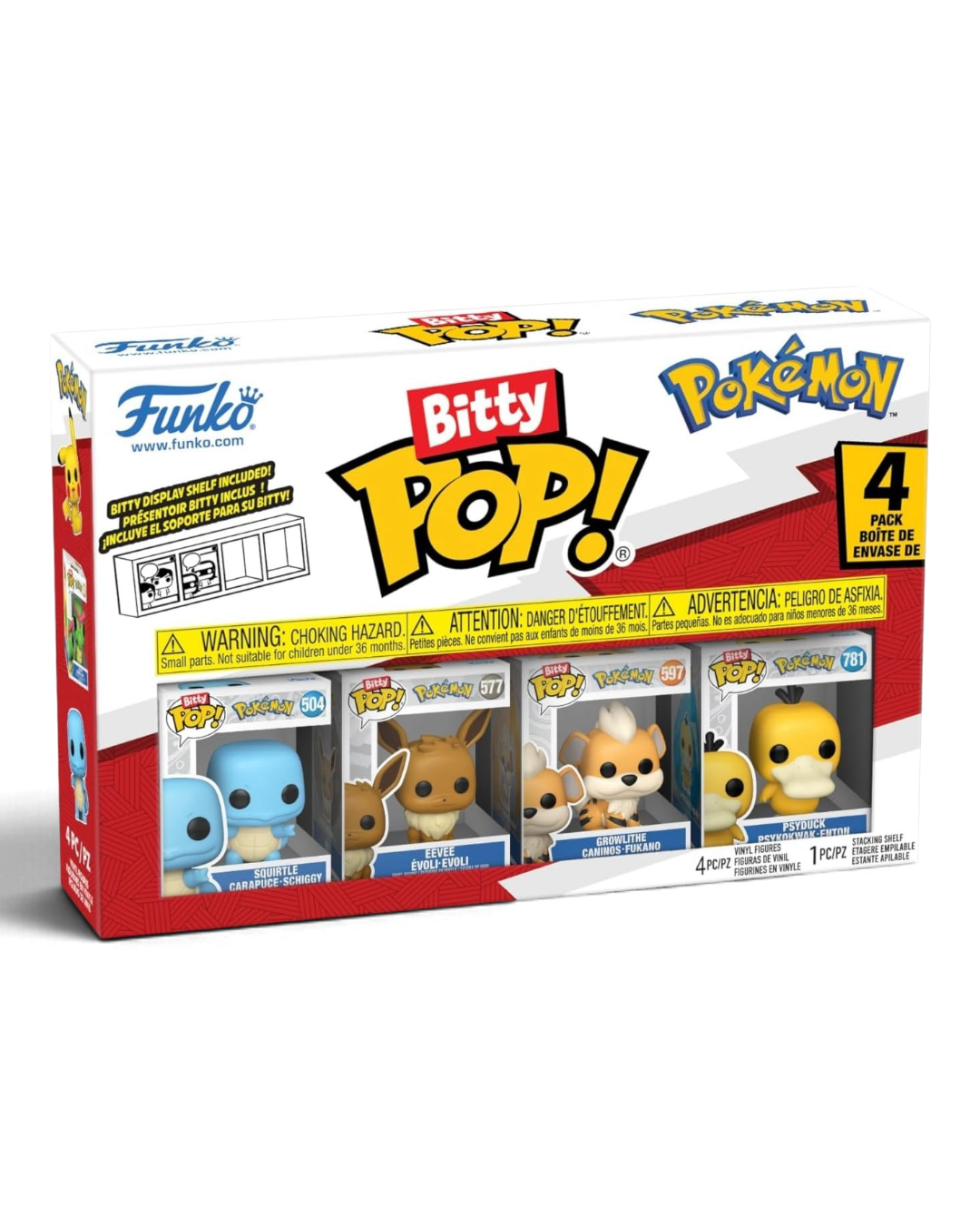 VaultifyUK Funko Bitty Pop! Pokémon 4-pack featuring vinyl figures of Squirtle, Eevee, Growlithe, and Psyduck.