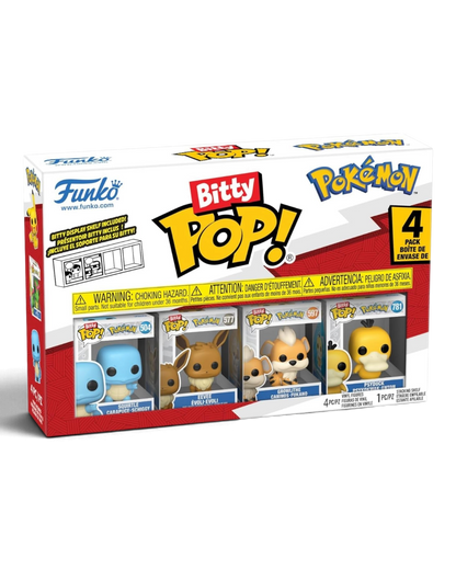 VaultifyUK Funko Bitty Pop! Pokémon 4-pack featuring vinyl figures of Squirtle, Eevee, Growlithe, and Psyduck.