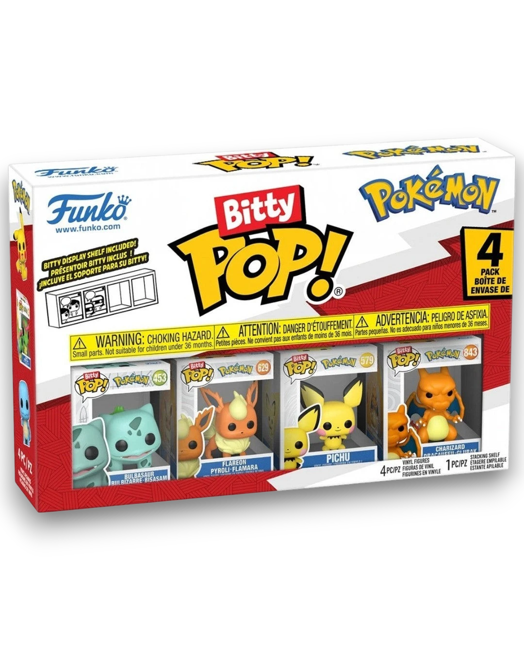 VaultifyUK Funko Bitty Pop! 4-pack featuring miniature Bulbasaur, Flareon, Pichu, and Charizard vinyl figures.
