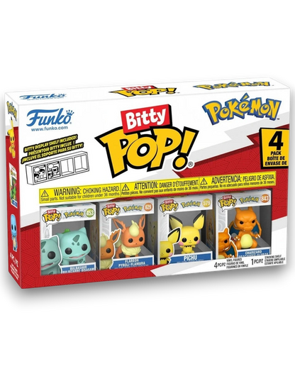 VaultifyUK Funko Bitty Pop! 4-pack featuring miniature Bulbasaur, Flareon, Pichu, and Charizard vinyl figures.