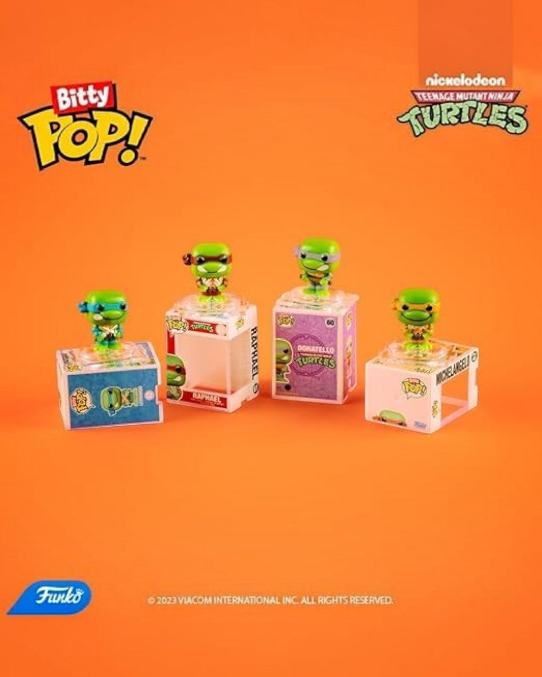 VaultifyUK Funko Bitty Pop TMNT mini figures featuring Raphael and Donatello in clear display cases on orange background