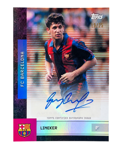 VaultifyUK Topps FC Barcelona trading card featuring Gary Lineker in team kit with a certified blue ink autograph