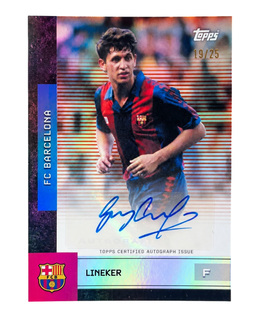 VaultifyUK Topps FC Barcelona trading card featuring Gary Lineker in team kit with a certified blue ink autograph