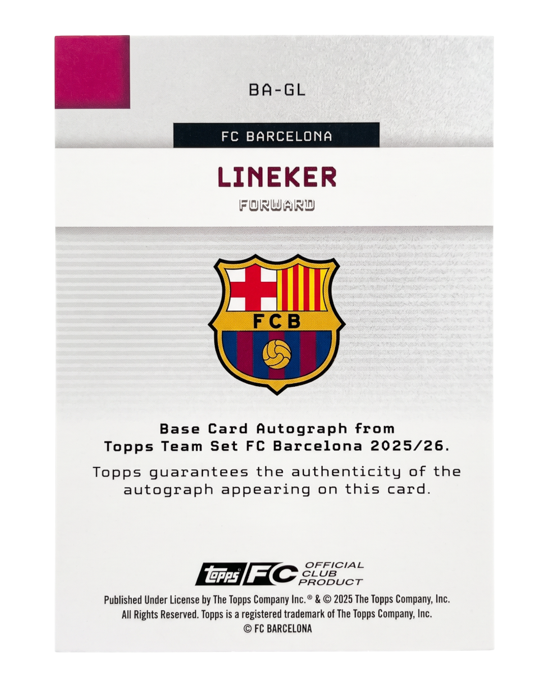 VaultifyUK Topps FC Barcelona Gary Lineker autograph card back featuring official club crest and authentication text
