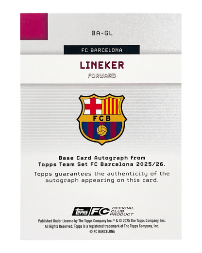 VaultifyUK Topps FC Barcelona Gary Lineker autograph card back featuring official club crest and authentication text