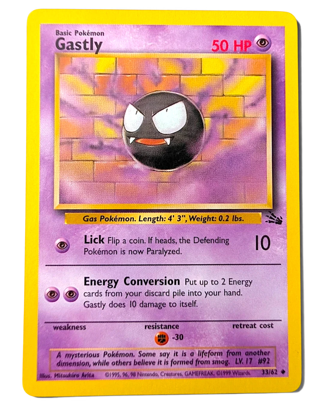 VaultifyUK vintage 1999 Pokémon TCG Gastly 33/62 Fossil set unlimited edition trading card in light play condition