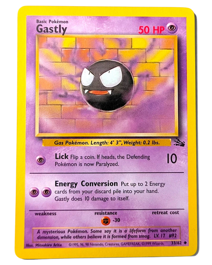 VaultifyUK vintage 1999 Pokémon TCG Gastly 33/62 Fossil set unlimited edition trading card in light play condition