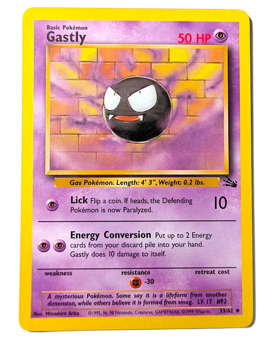 VaultifyUK vintage 1999 Pokémon TCG Gastly 33/62 Fossil set unlimited edition trading card in light play condition
